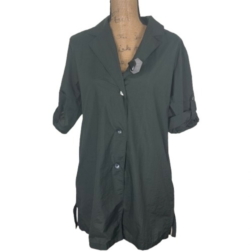 PAT Olive Green Tunic Shirtdress Short Sleeve Roll Tab Utility Size 95 US Medium